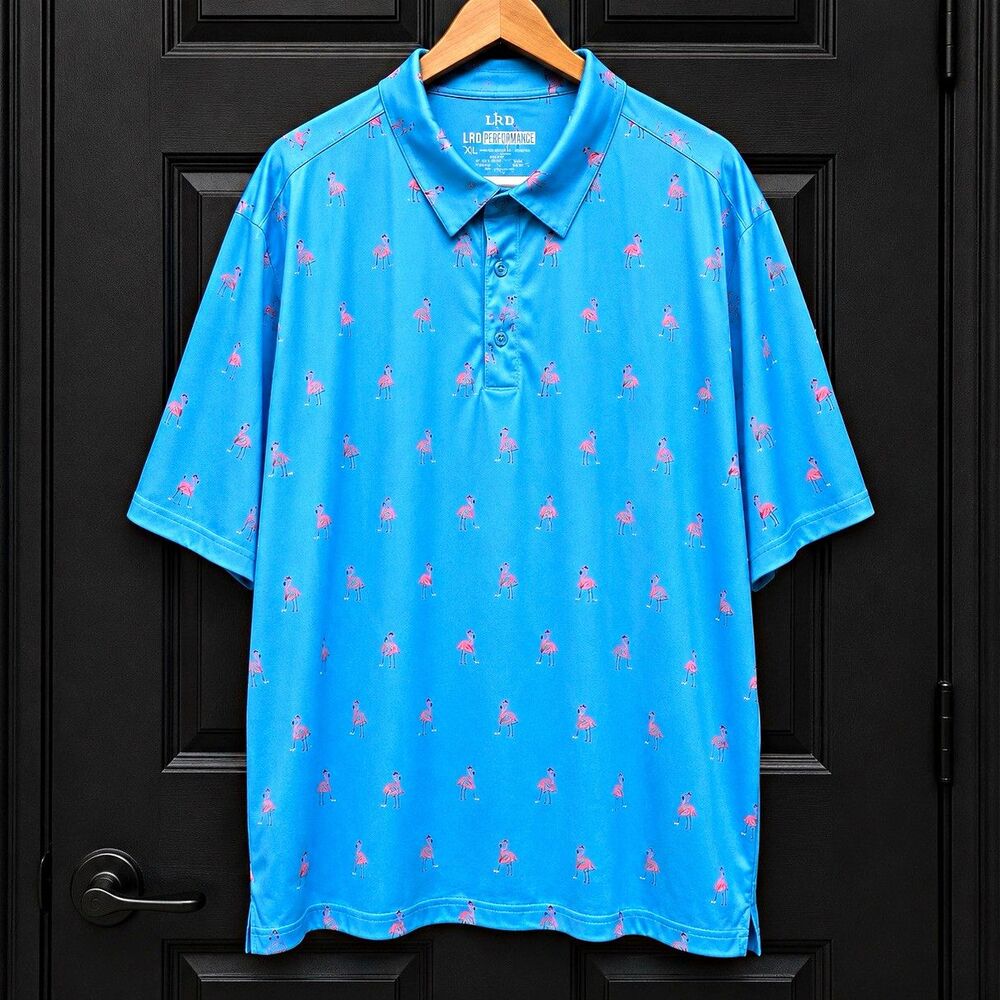 LRD Performance Men’s XL Blue Pink Flamingo Polo Short Sleeve Stretch Golf